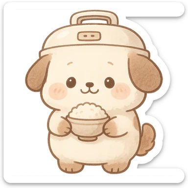 cute chibi soft fluffy rice cooker dog, round belly, holding a rice bowl, soft cream and brown tones, full-body sticker