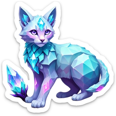 This fascinating hybrid creature combines the rocky ferocity of Boulderbite with the mystical elegance of Etherfeline. The result is a creature with a core body composed of angular, faceted stones in varying shades of turquoise, pink and gray. From the cracks between these stones emanates a soft blue ethereal glow. It has the general shape of a feline, but with crystalline rock formations creating its limbs and body. Its large, expressive eyes feature purple irises with amber outer rings, giving it a hypnotic gaze. The creature sports pointed ears lined with purple crystal formations, and a tuft of blue flame-like energy flows from the diamond on its head and along its spine. Its tail is a flexible chain of smaller rocks wrapped in the same ethereal blue energy. When it opens its mouth, sharp crystalline teeth are revealed, though its expression is more mysterious than threatening. Small whiskers  extend from its muzzle, occasionally emitting tiny ice crystals. full body sticker