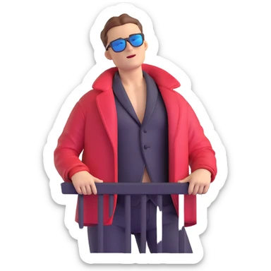 guy on balcony in winter with open jacket showing bare chest, wearing sunglasses, view from below sticker