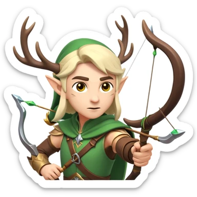 clash-of-clans-aesthetic-focused-elf-archer-portrait-emoji, rendered in a flat, vector-style similar to standard emojis with minimal shading and bold, simplified shapes, head tilted slightly forward with a determined, focused expression, riding a majestic stag with antlers glowing faintly with mystical energy. sticker