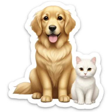 golden retriever next to a fluffy white cat  sticker