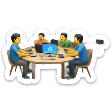 5 Developers with MacBooks sitting in a room with two tv on a wall and with around a circular table sticker