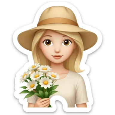 beautiful model blonde girl in a summer beige hat in a beautiful white top with a bouquet of white flowers sticker