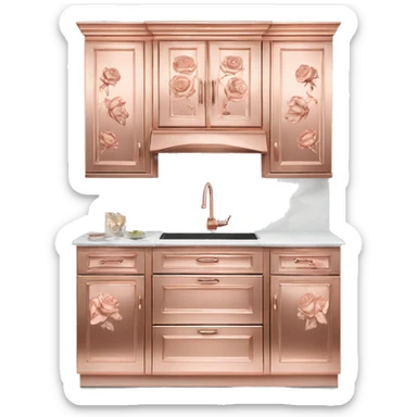Realistic front facing rose gold hanging kitchen cabinets with flower pattern print on them. sticker