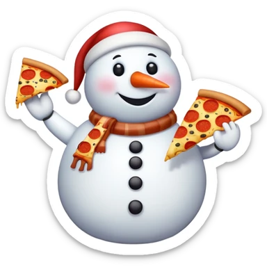 a chubby brown cartoon snowman with a pizza  sticker