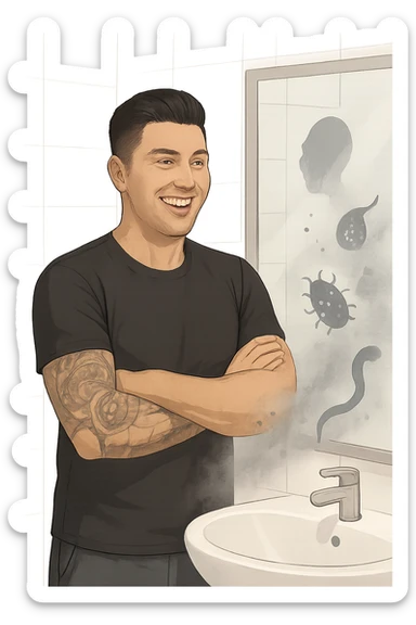 a man stands in a brightly lit bathroom, looking relieved and revitalized as he examines his reflection in the mirror. In the foreground, stylized, shadowy images of parasites (such as worms or protozoa) are shown leaving his body, dissolving into mist or fading away. His posture is upright and his expression is one of newfound energy and health. sticker