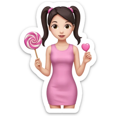 Girl with long dark ponytails wearing light pink bodycon dress holding a lollipop sticker