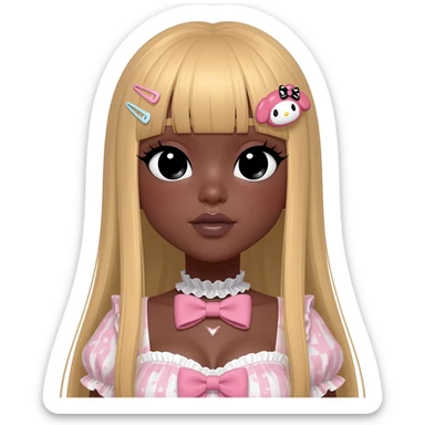 Gyaru makeup, my melody hairclip, cutecore, doll eyes, Doll, big chest, dark brown skin, with straig htened long blonde hair,  black cute eyes, cute lips with Gyaru outfit sticker