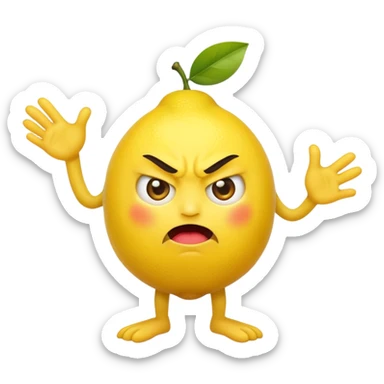 lemon with face emoji, angry expression, hands and legs, cute sticker