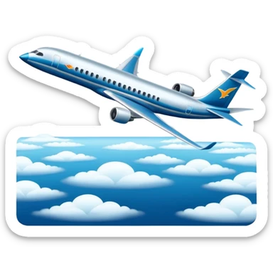 A wide-body aircraft with tall tail fins and glowing cabin windows cruising at high altitude.
 sticker