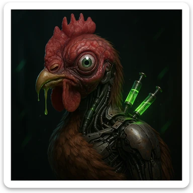 hyperrealistic mutant bio-engineered chicken emoji with fleshy red head showing pulsating veins, one bulging cyborg eye, deformed beak dripping green slime, body half feathers and half exposed machinery, glowing green growth hormone injections in neck, dark sci-fi atmosphere with neon green accents sticker