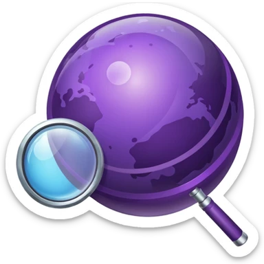 Minimal purple icon: a planet with connecting lines and a magnifying glass. Glossy, transparent background. sticker