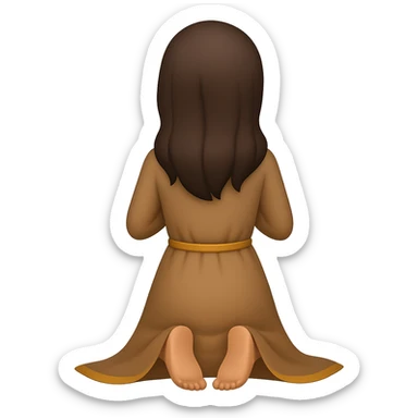 Show the woman kneeling and praying from the back view, wearing a long tan dress, with dark brown hair, in emoji style, no background. sticker
