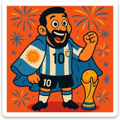 Make Messi look even more cartoonish and exaggerated, with larger eyes and expressive features, draped in Argentina flag, World Cup trophy at his feet, fireworks in background. sticker