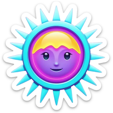 Futuristic glowing sun, neon rays, bright holographic purple and cyan glow, dark background, digital tech style sticker