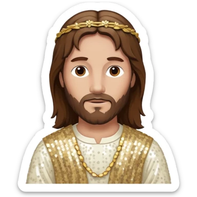 Jesus Christ from The Bible with long brown hair, ivory sequin outfit sticker