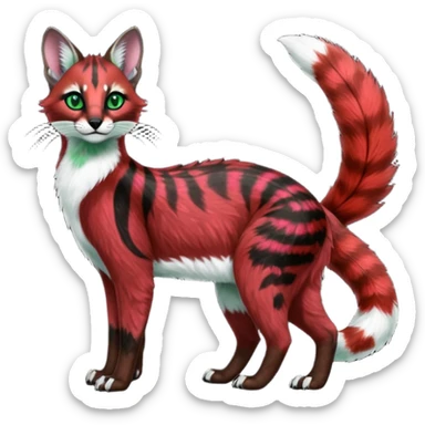Colorful dark tropical sanguine-red, black, white fur, with green eyes, iridescent glorious divine exotic cute cool beautiful shiny beautiful floral fantasy-caracal-civet-genet-sergal-vernid-Cacomistle-oncilla-animal-Fakémon-hybrid-fursona with pattern markings (full body) sticker