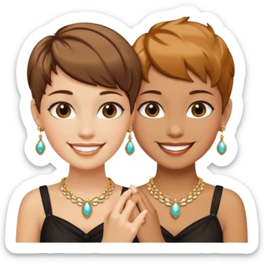 Fair skin and caramel colored besties with brown hair pixie cuts wearing jewelry   sticker