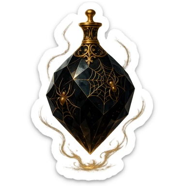 luxurious black crystal elixir bottle with many shining facets, ornate decorations including spiders and spider webs, golden details, magical effects, very small golden neck, transparent background, beautiful merging base, clearly floating in air without base or shadow, premium class impression, design matching a collection of crystal, luxurious, magical bottles sticker