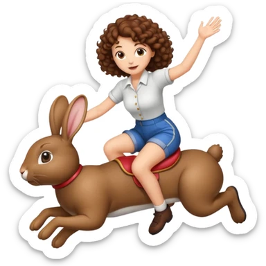 cute woman short tight curly brown hair riding bouncing rabbit sticker