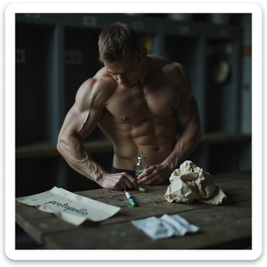 young male bodybuilder in a gym locker room injecting an unknown substance from an unlabeled vial into his arm, crumpled paper with handwritten 'protocollo', used syringe and alcohol wipes scattered on bench, gritty tense atmosphere, harsh locker room lighting, hyperrealistic 4K details sticker