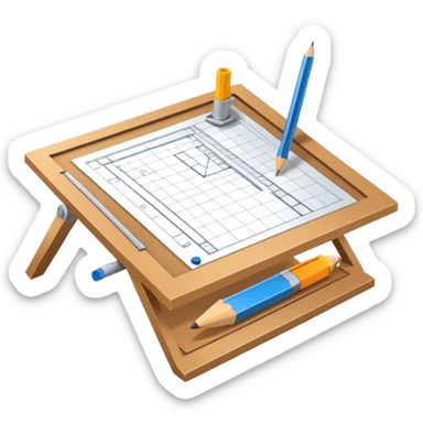 Sleek icon for Architecture: engineer's drawing board with building blueprints, 3D model of the building out of board, pencil, ruler, architect's protractor and square. Transparent background. sticker