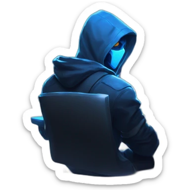 developer behind his laptop with this style : Riot Games Valorant neon glowing bright blue character blue black hooded assassin themed character sticker