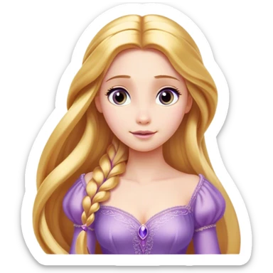 Cinematic Elegant Rapunzel Portrait Emoji, rendered in a realistic, vector-style with minimal shading and bold, simplified shapes. Depict Rapunzel (chest and above) with fair, porcelain skin, long, flowing golden hair cascading gracefully, and soft, gentle eyes, wearing her iconic light purple gown. The image glows with a soft, enchanting radiance and high shine, capturing timeless fairy-tale beauty. sticker