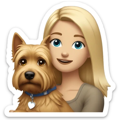 me - girl with blonde hair top brown bottom with blue eyes hugging norwich terrier dog  sticker