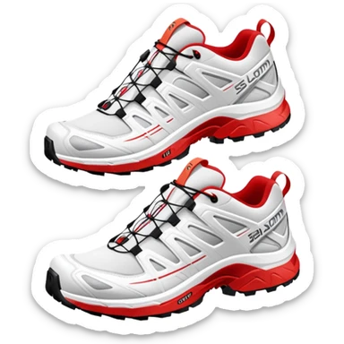 Ultra simplified white Salomon XT-6 shoes with just a red colored line across the middle, one behind the other, completely white design except for the colored center line sticker