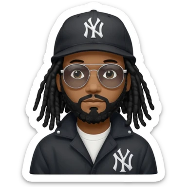 African American Man with shoulder length black dreadlocks with black beard wearing black sunglasses wearing a black bubble winter coat and a New York Yankees logo baseball cap in recording studio sticker
