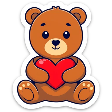 A sitting medium brown teddy bear, holding a red heart ￼ sticker