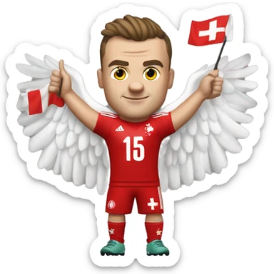 Xherdan Shaqiri showing a Eagle whith his hands and having a swiss trikott sticker