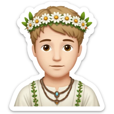 A guy with traditional clothes from midsummer festival, white tunica, flowers crown sticker