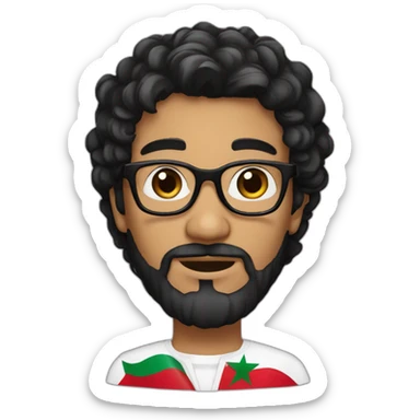 Black hair and beard, dark brown eyes white man with glasses holding Moroccan flag sticker