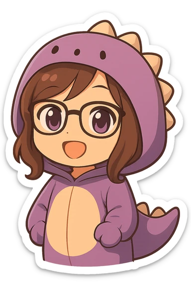Edit the image to depict a chibi anime style girl with glasses, brown hair, dark purple eyes, wearing a purple dinosaur costume with arms down. Keep everything else the same as the reference. No background. sticker