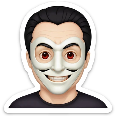 full face masked man, evil, serial killer, creepy, black hair, older, shoulders, smiling, hollow eyes sticker