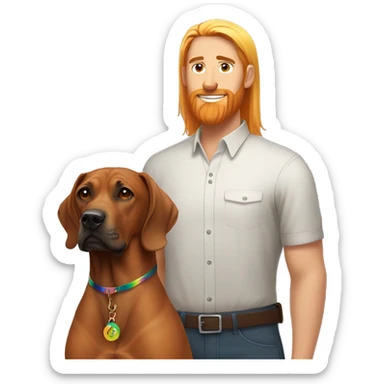 white male with long rainbow colored hair standing alongside a brown rhodesian ridgeback sticker