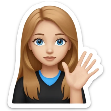 A girl with long eyelashes, long light brown hair, blue eyes, with her palm up. with black undershirt sticker