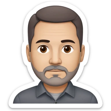 Hispanic man, 57 years old with light complexion. Round face with defined jawline. Expressive dark brown eyes, thick straight eyebrows. Short brown hair, slightly styled. Full brown beard with minimal gray. Professional appearance. Wearing a dark collared shirt. sticker