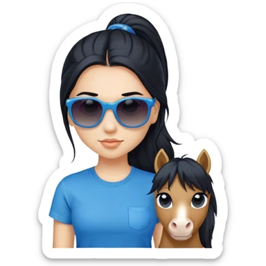 A girl with black long hair and a pony, wearing sunglasses and a blue t-shirt. sticker