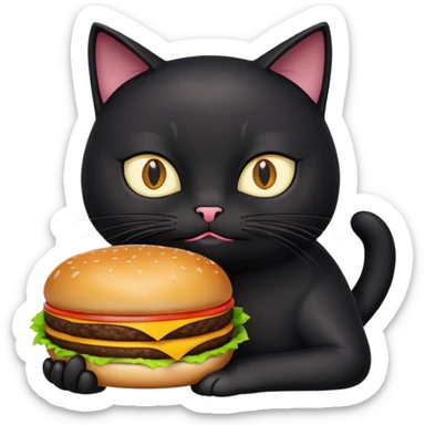 Black cat holding a cheeseburger looking smug sticker