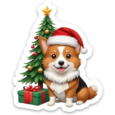 tricolor (black and red head) corgi with santa hat on and christmas tree near sticker