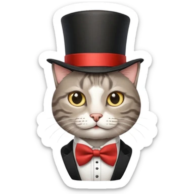 Grey tabby cat in top hat and bow tie sticker