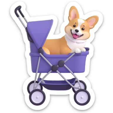 corgi sitting happily in a dog stroller sticker