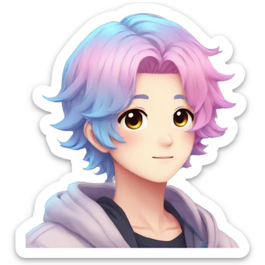 Gorgeous anime style shojo dude with blushing face aesthetic and pretty colorful shiny gradient pastel hair trending style sticker