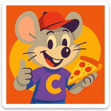 Chucky Cheese inspired character, cartoon mouse mascot, red hat, friendly smile, pizza theme, vibrant colors, cartoon style sticker