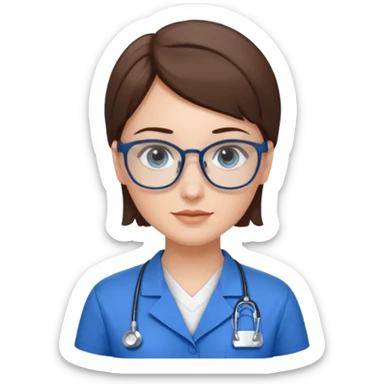 Blue eyes short brown hair with glasses woman in care assistant blue uniform sticker