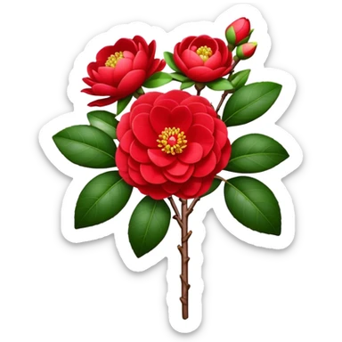 bouquet Red Camellia, luxuriant, stem, leaf, bud sticker