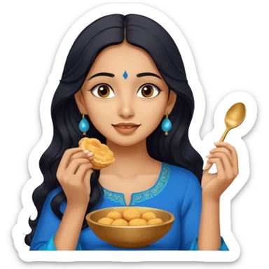 a pretty tan indian bratz girl with wavy long BLACK hair. eyeliner on, wearing a blue kurti, eating golgappa (without spoon) sticker